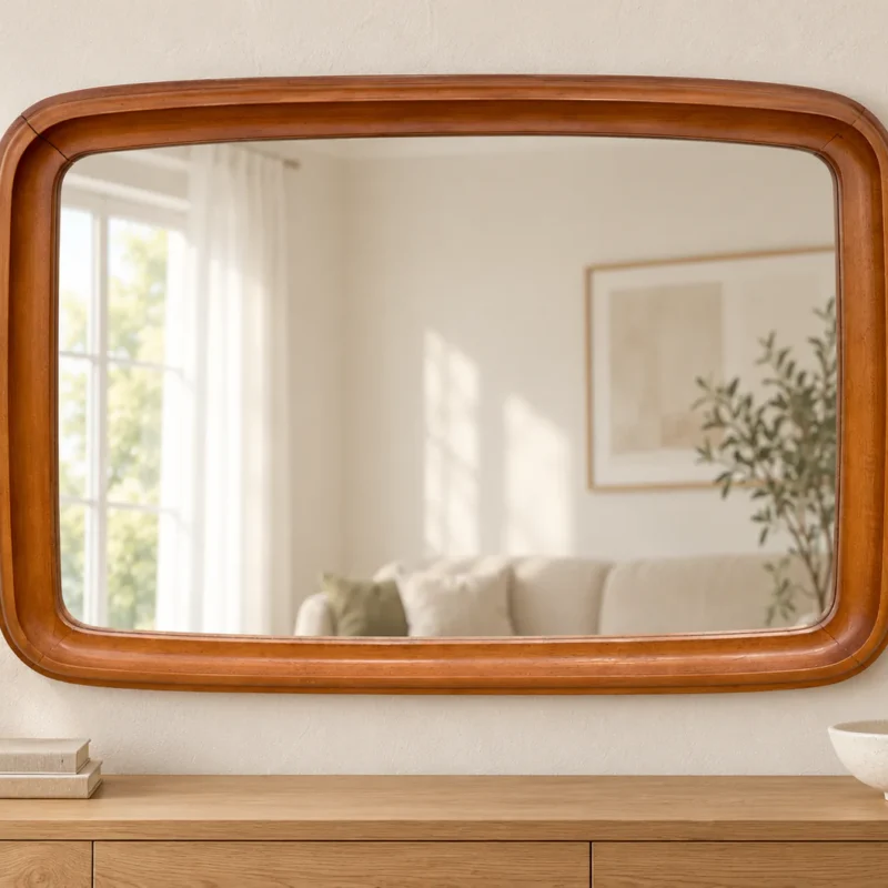 Lekerekített diószínű tükör – enteriőrben. Külső méret: 114 × 81 cm.