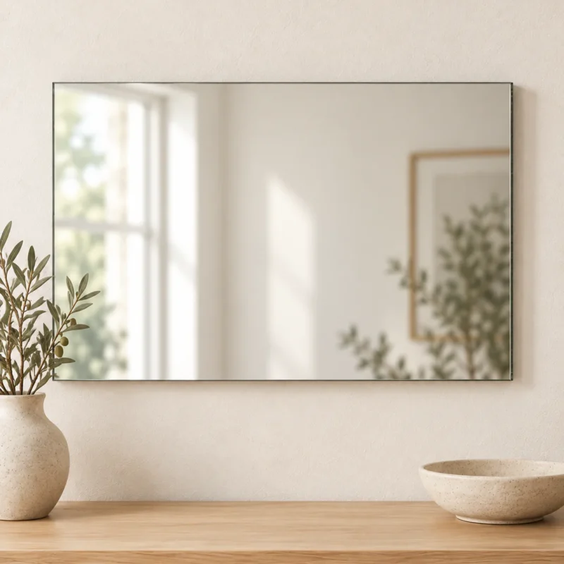Keret nélküli téglalap tükör – enteriőrben; 88 cm széles és 55 cm magas.